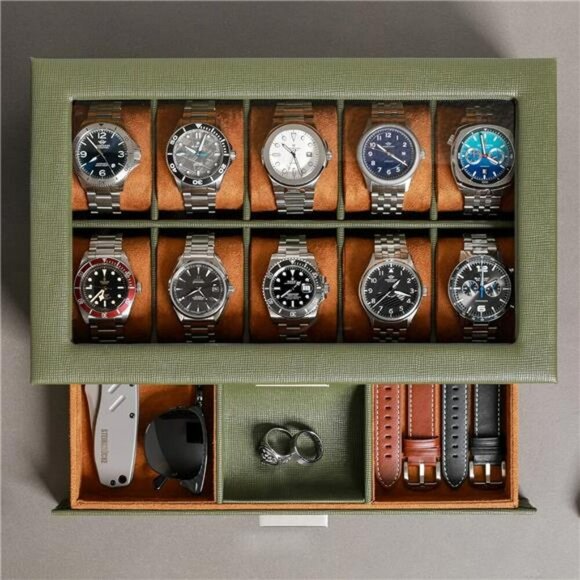 Leather Watch Box with Glass Top 10 Slot Display Valet Drawer Jewelry Holder - Picture 2 of 7